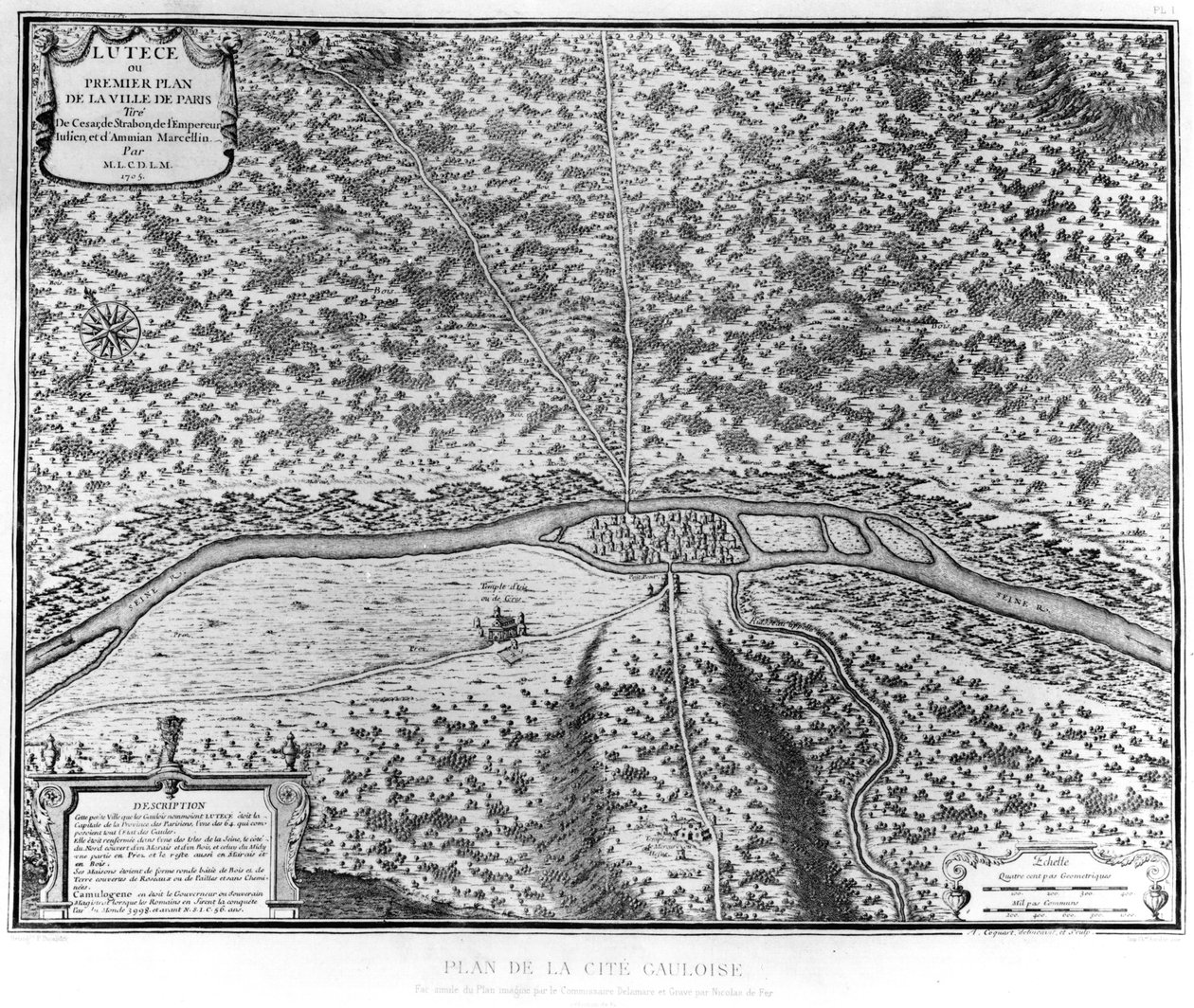 Lutetia czyli pierwszy plan Paryża, zaczerpnięty od Cezara, Strabona, cesarza Juliana i Ammianusa Marcelina, 1705 autorstwa French School