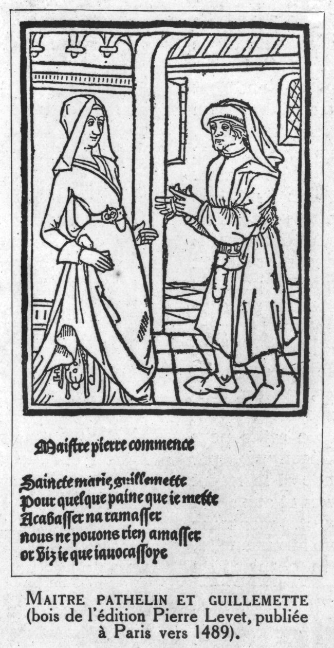 Maitre Pathelin i Guillemette, ilustracja z „Farsy mistrza Pathelina”, c.1489 autorstwa French School