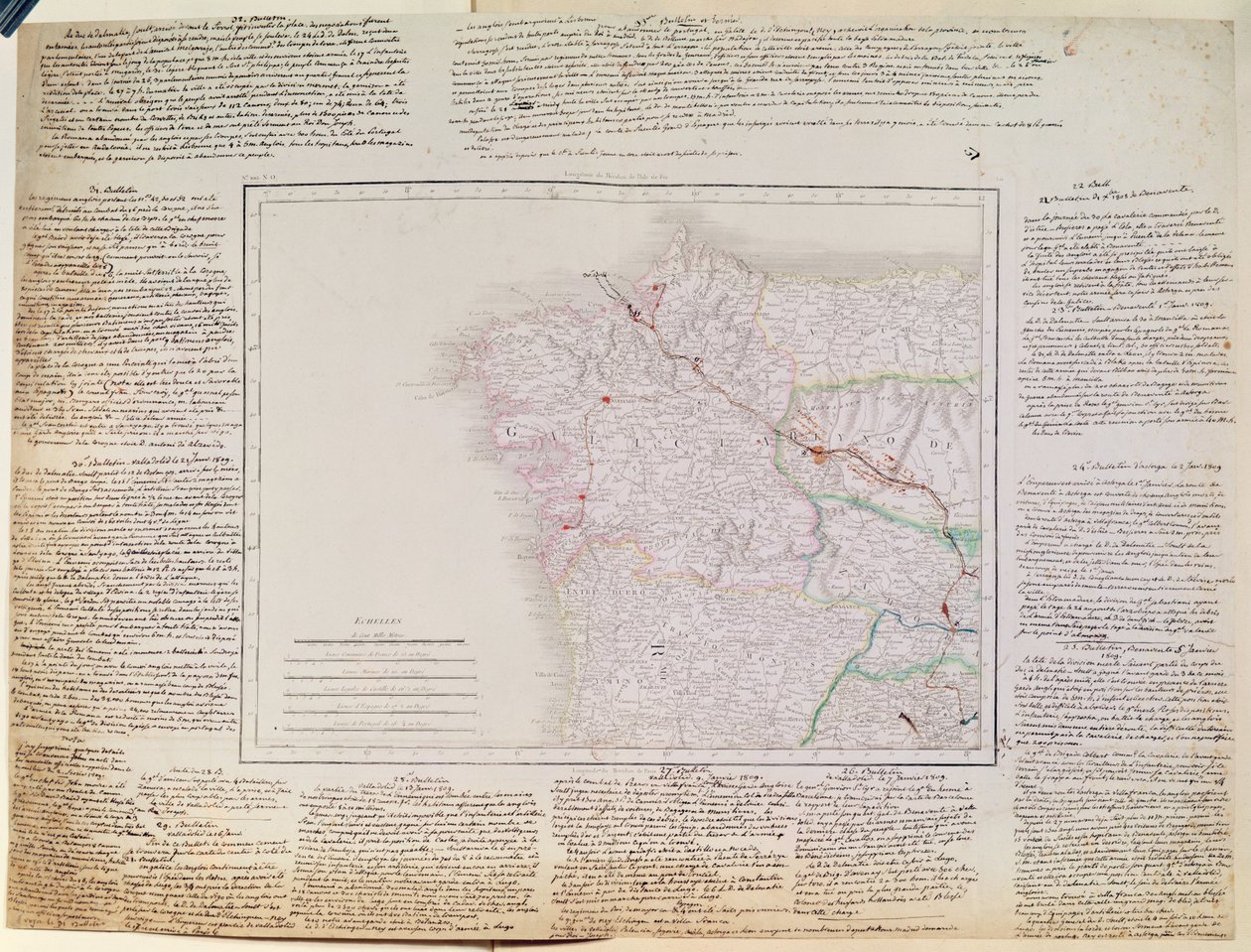 Mapa Galicji z trasą wojsk francuskich i dziennikiem z kampanii styczniowej 1809 r. (piórem i atramentem oraz kolorowym grawerem) autorstwa French School