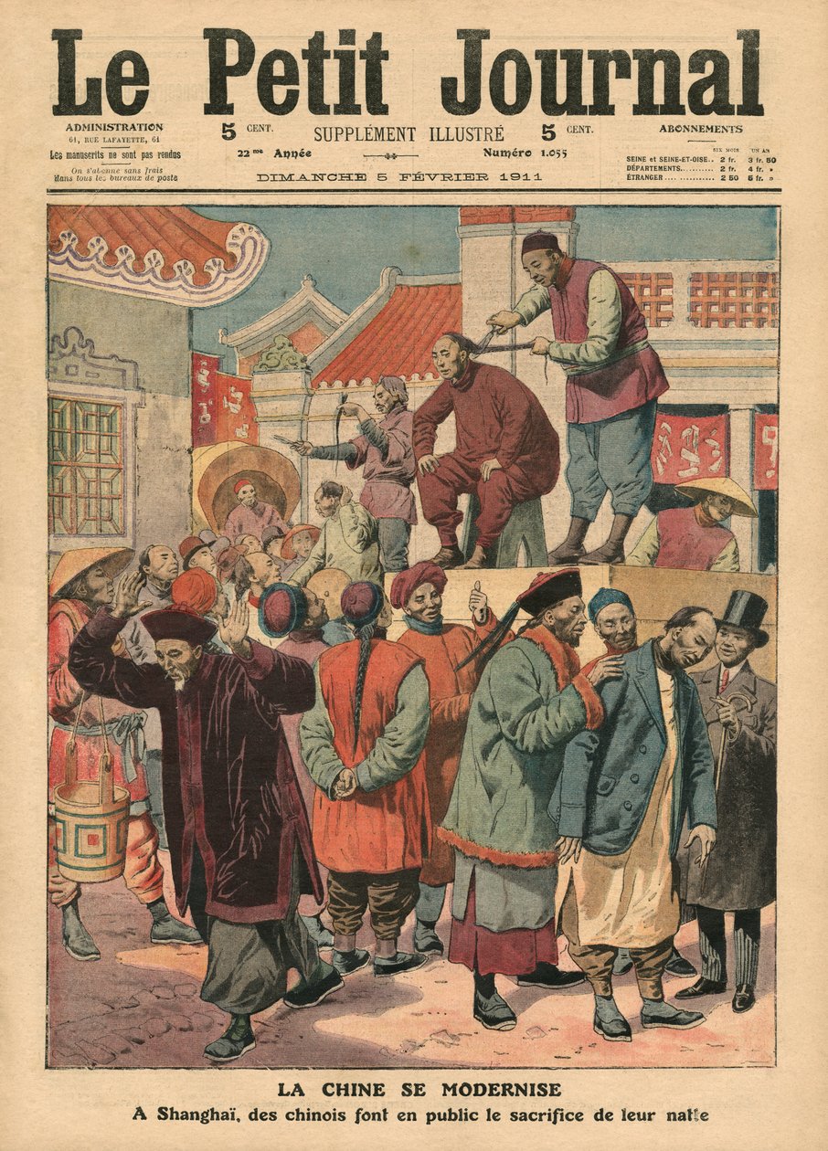 Modernizacja Chin, Chińczycy mają odcięty warkocz w Szanghaju, ilustracja z „Le Petit Journal”, dodatek illustre, 5 lutego 1911 autorstwa French School