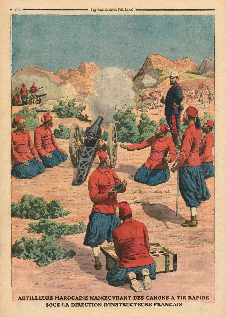 Artylerzyści marokańscy używający armat pod dowództwem francuskich instruktorów, ilustracja z „Le Petit Journal”, dodatek ilustr., 26 marca 1911 autorstwa French School