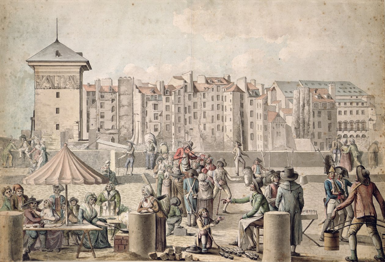 Mountebanks i Promenaders na Pont au Change, Paryż ok. 1790 r autorstwa French School