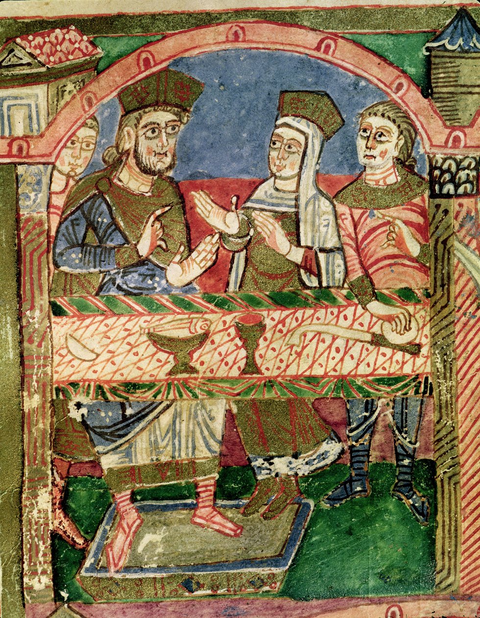 Ms 250 f.24r św. Radegundy (518-87) przy stole Clothara I (497-561) z Żywotu św. Radegundy (detal z 173477) autorstwa French School