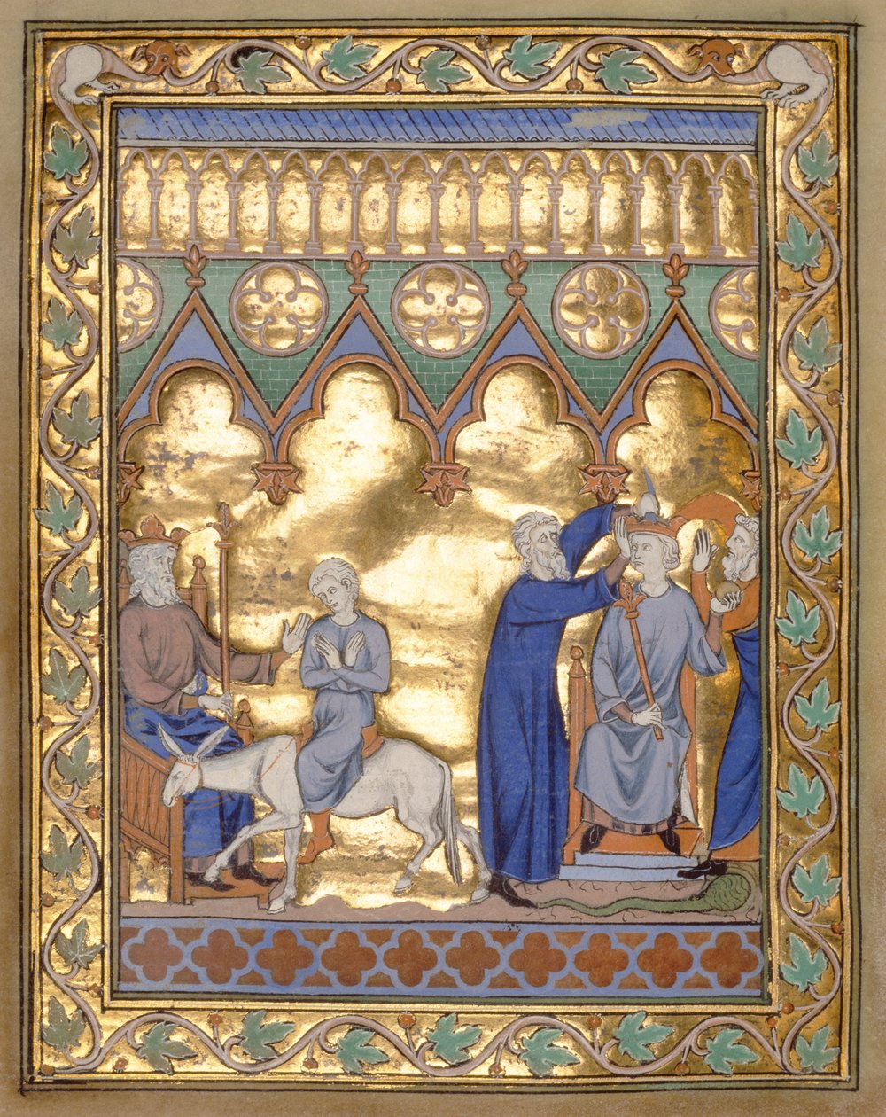 Ms 300 f.5v Koronacja Salomona, z Psałterza i Godzin Izabeli Francuskiej, Paryż, ok. 1260 (złota listka na tempera na pergaminie) autorstwa French School