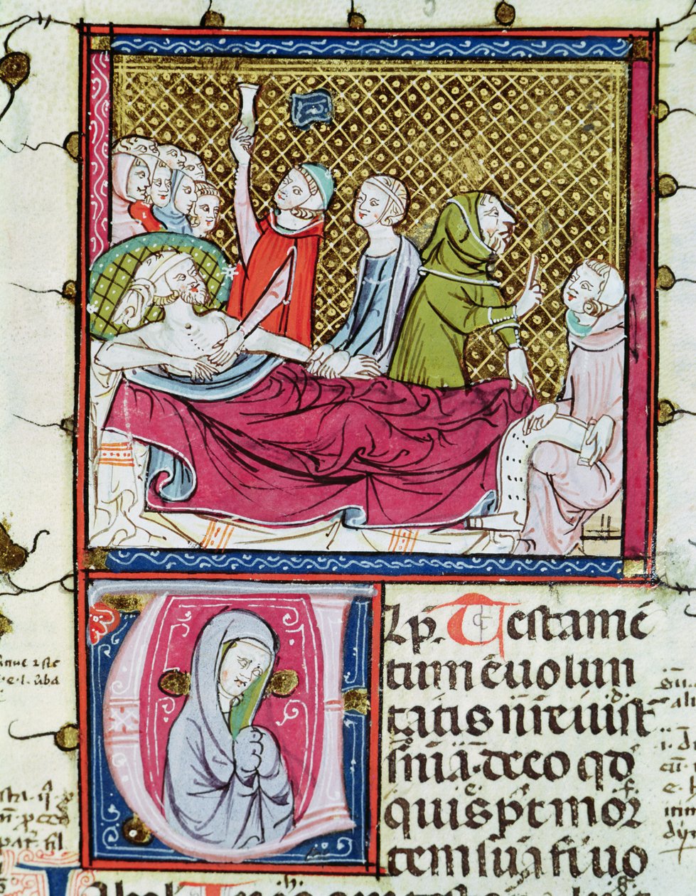 Ms 3076 fol.56r Umierający w otoczeniu lekarzy i rodziny, dyktujący swoją wolę, z „Justiniani in Fortiatum” autorstwa French School