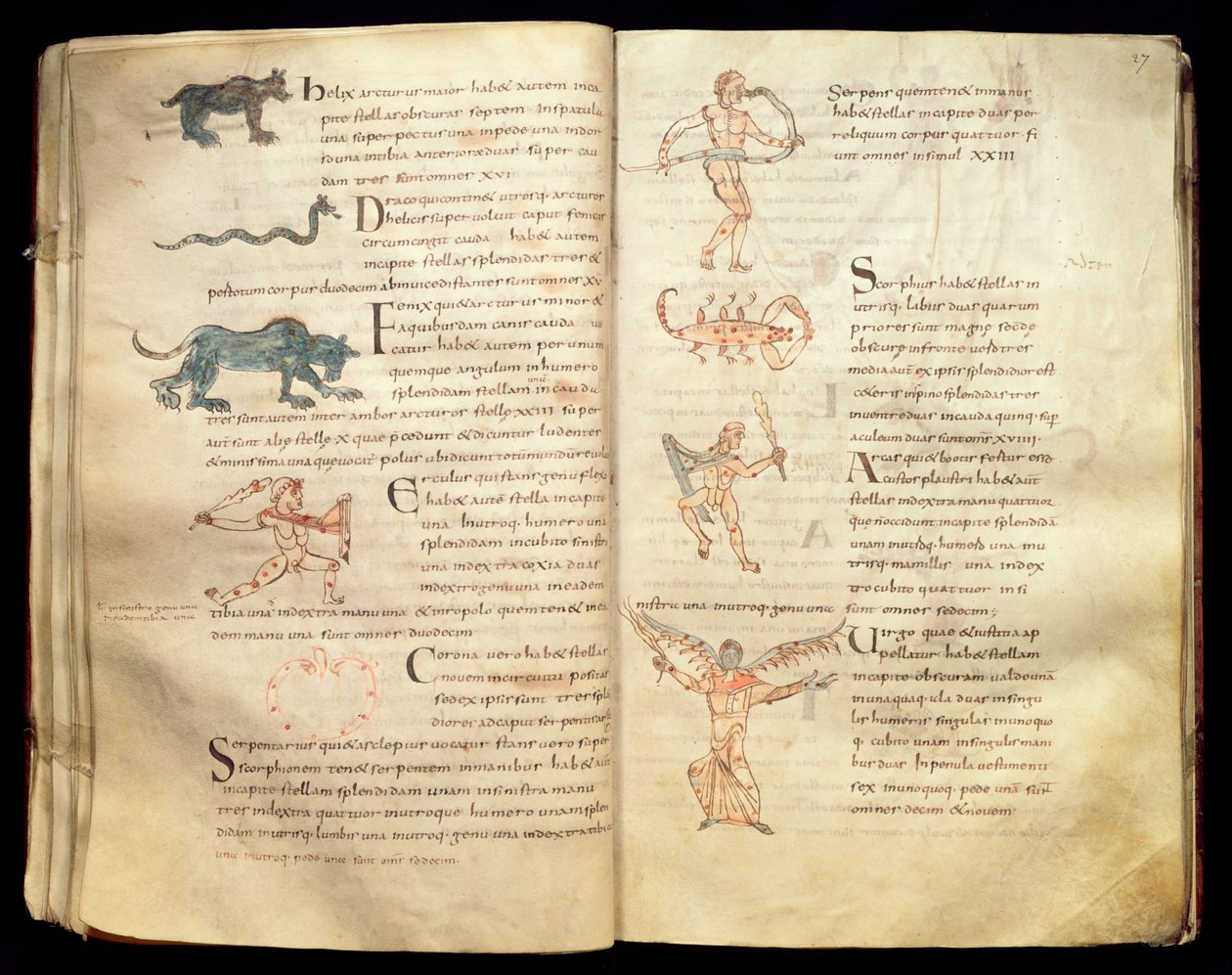 Ms 422 Fol.26v ir 27r Mėnulio kelias per žvaigždynus, iš „De Natura Rerum“, autoriaus Izidorius iš Sevilijos poli autorstwa French School