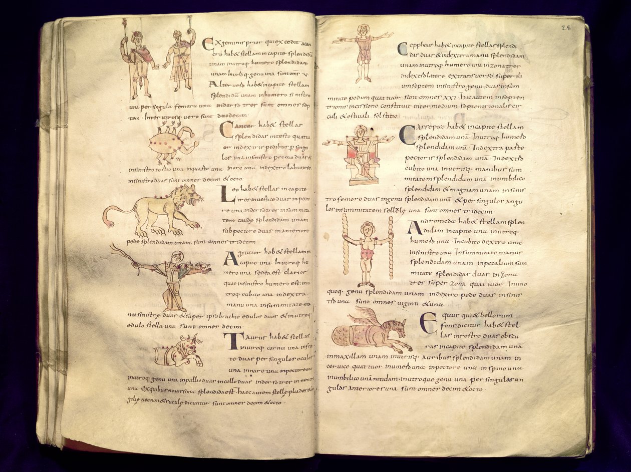 Ms 422 Fol.27v i 28r Ścieżka księżyca przez konstelacje, z „De Natura Rerum” Izydora z Sewilli autorstwa French School
