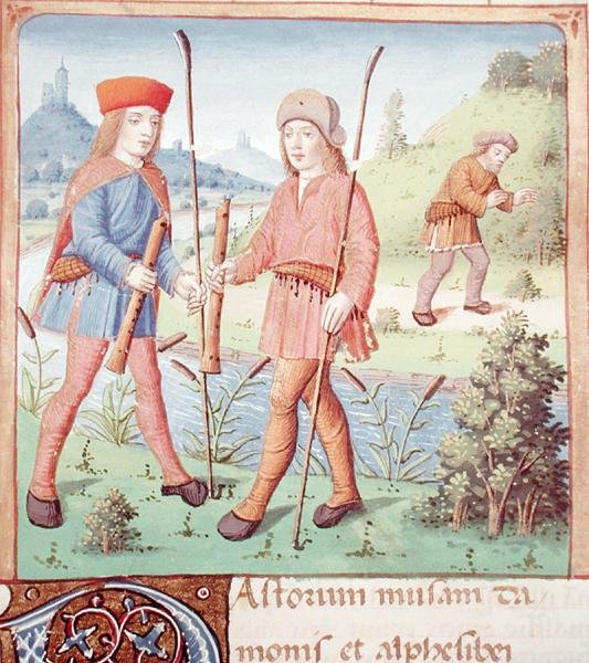 Ms 493 fol.14 Pasterze nad rzeką, z Eklog Wergiliusza z komentarzem Serwiusza, 1469 autorstwa French School