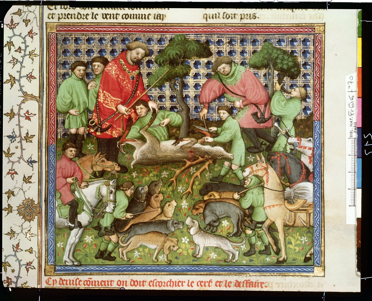 Pani Fr 616 fol.70 Cięcie martwego jelenia, z Livre de la Chasse Gastona Phebusa de Foix (1331-91) autorstwa French School