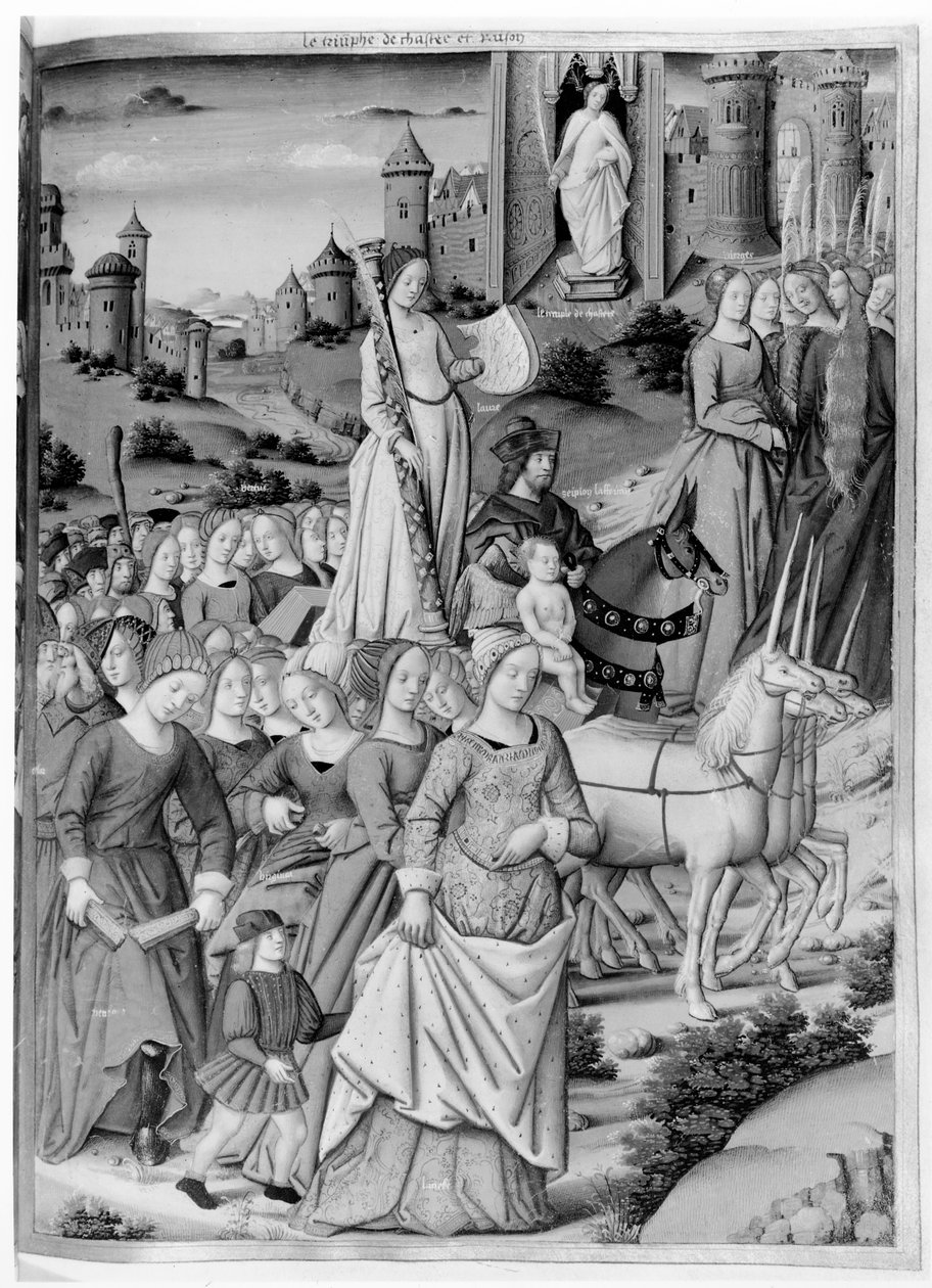 Ms.Fr.594 fol.102 Triumf czystości i rozumu, z „Les Triomphes” Petrarki (1304-74) 1503 autorstwa French School
