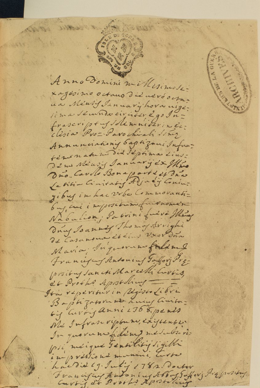 Akt urodzenia Napoleona, 1769 r. autorstwa French School