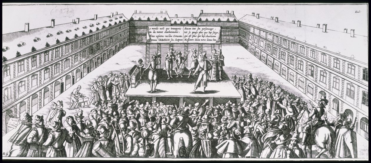 Plenerowe przedstawienie teatralne z Antoine Firard (1584-1633), znanym jako Tabarin, na scenie autorstwa French School