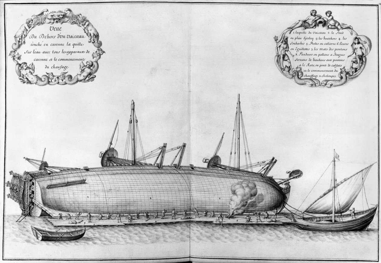 Na zewnątrz statku leżącego na kadłubie, ilustracja z „Atlas de Colbert”, płyta 41 (ołówek i wc na papierze) autorstwa French School