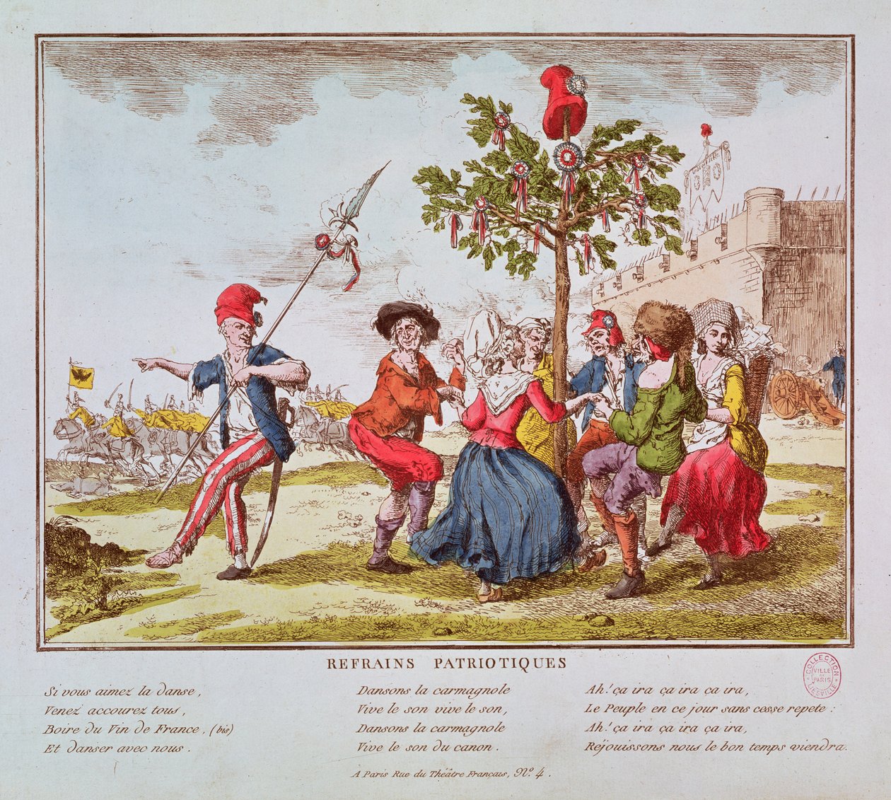 Refreny patriotyczne: francuscy rewolucjoniści tańczą carmagnole wokół drzewa wolności, ok. 1792 r. autorstwa French School
