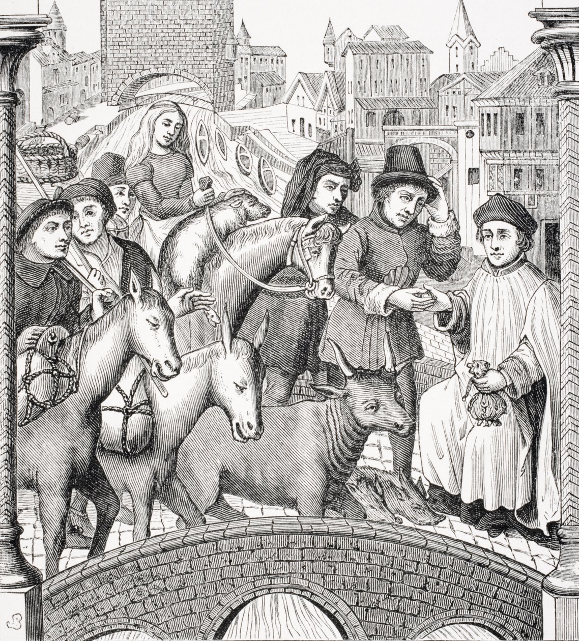 Płacenie myta na moście, z książki „Le Moyen Age et La Renaissance” Paula Lacroix (1806–84) opublikowanej w 1847 r. autorstwa French School