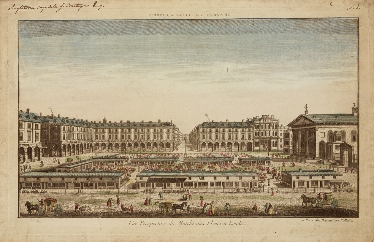 Widok perspektywiczny na targ kwiatowy w Covent Garden autorstwa French School