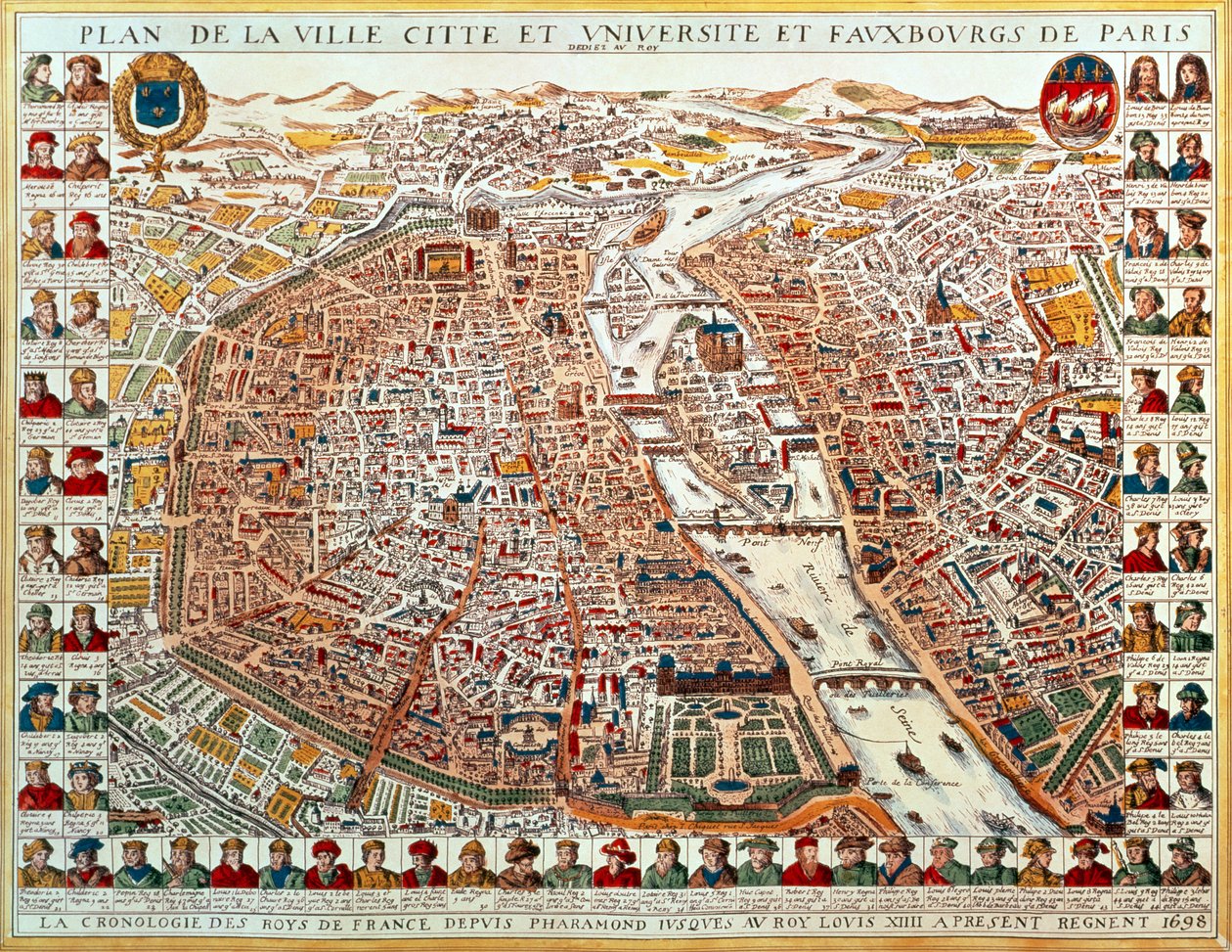 Plan Paryża, otoczony chronologiczną serią portretów królów Francji od Faramonda do Ludwika XIV, 1698 (rycina ręcznie kolorowana) autorstwa French School