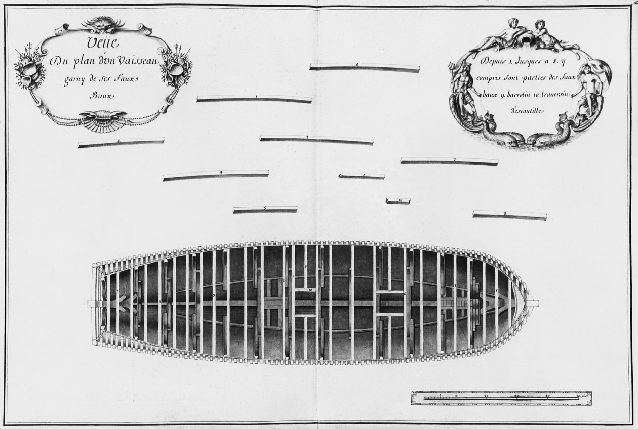 Plan statku, ilustracja z „Atlas de Colbert”, tablica 16 (ołówek i wc na papierze) (fot. b:w) autorstwa French School