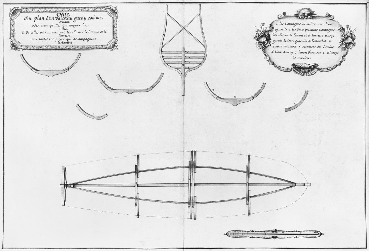 Plan statku z płytami dennymi, ilustracja z „Atlas de Colbert”, tablica 4 (ołówek i wc na papierze) autorstwa French School