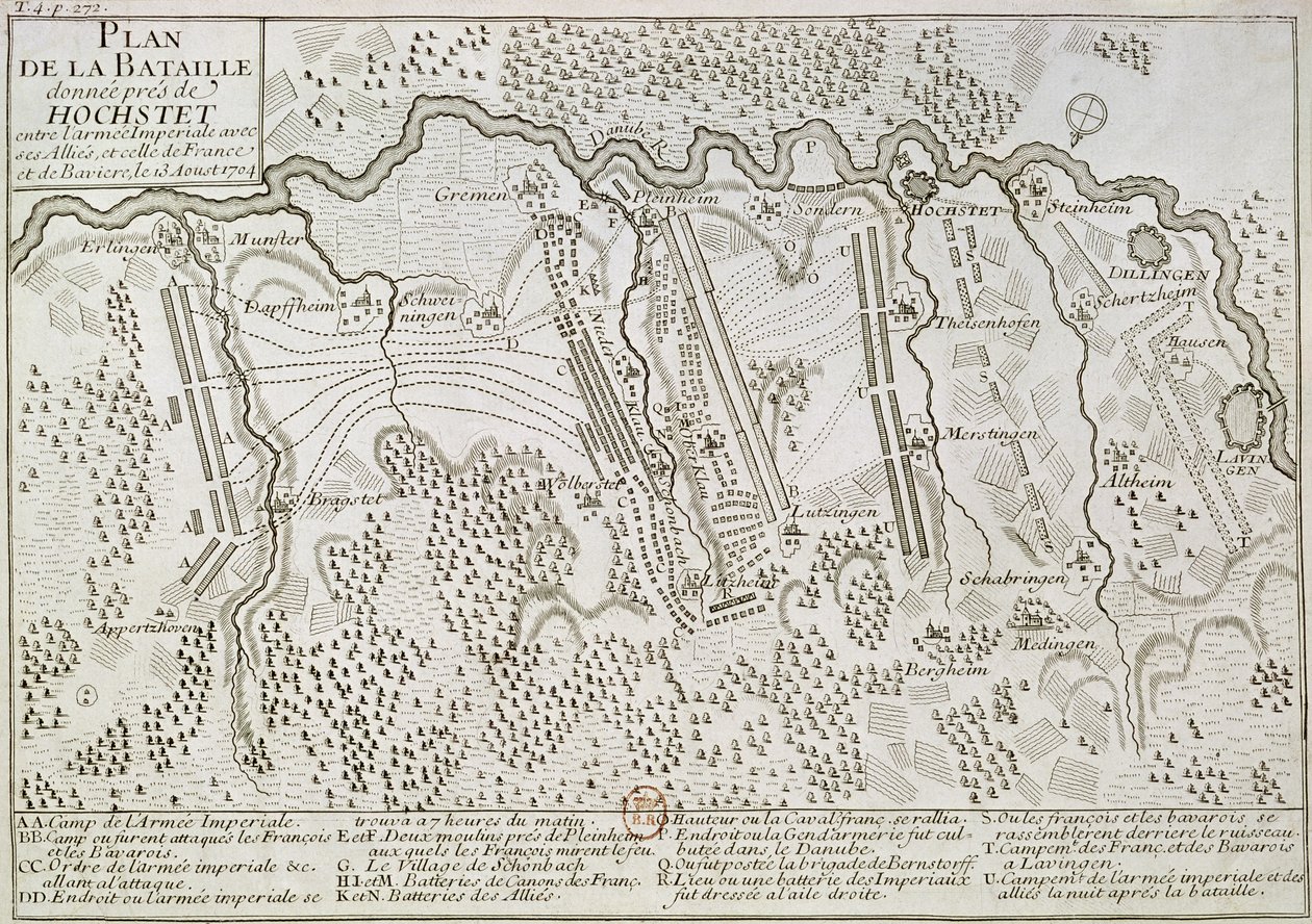 Plan bitwy pod Blenheim pomiędzy Armią Cesarską a Armią Francusko-Bawarską, 13 sierpnia 1704 r autorstwa French School