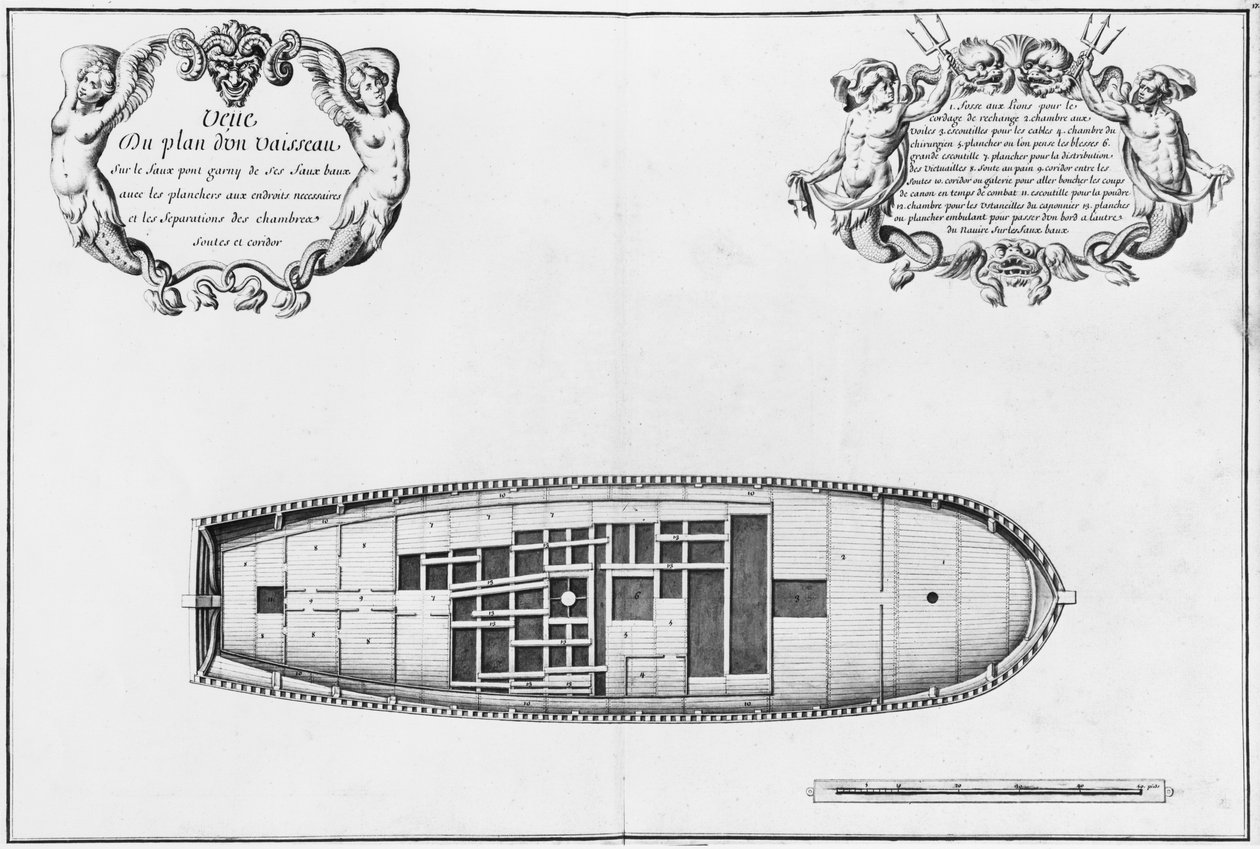 Plan fałszywego pokładu statku, ilustracja z „Atlas de Colbert”, tablica 17 (ołówek i wc na papierze) autorstwa French School