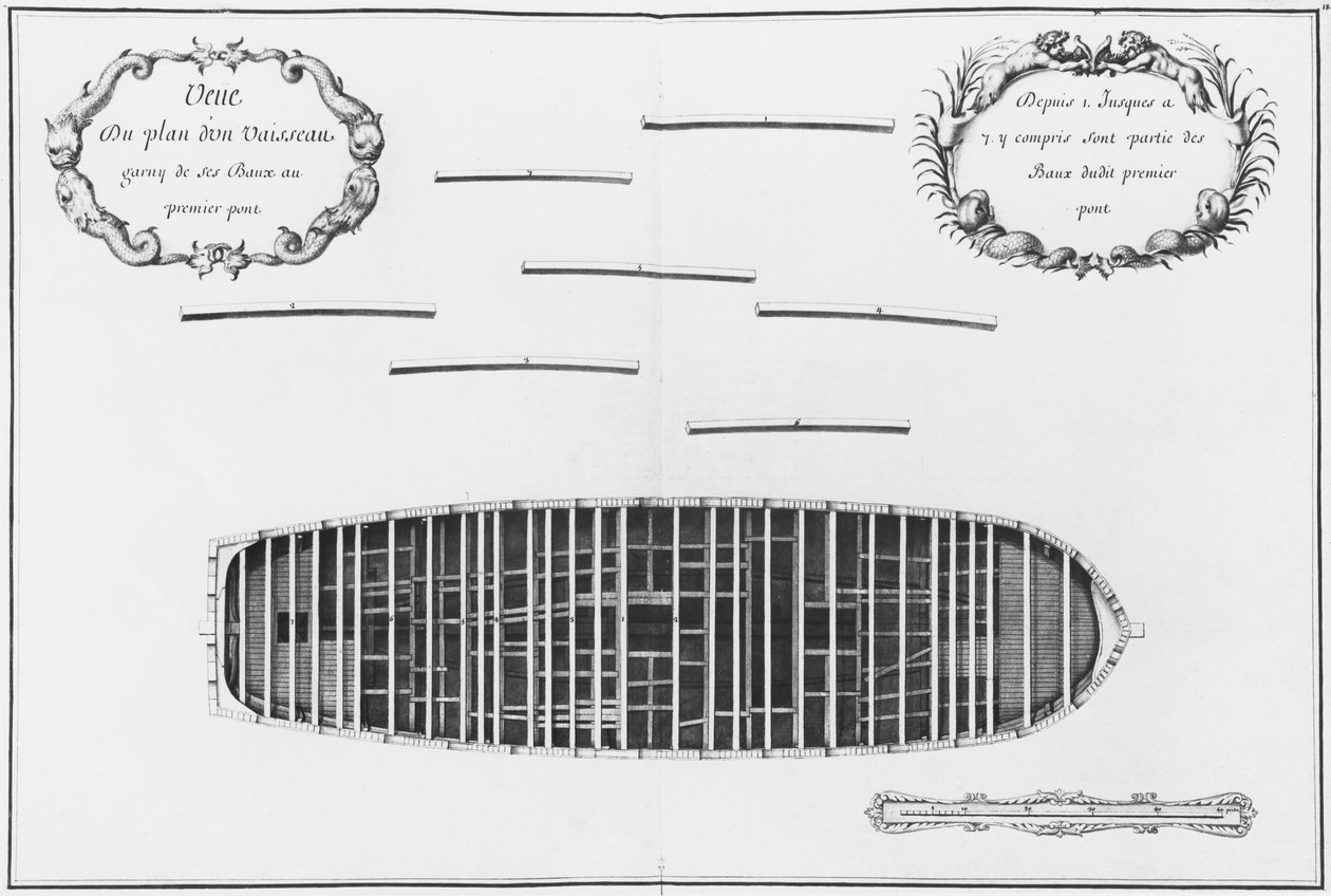 Plan pierwszego pokładu statku, ilustracja z „Atlas de Colbert”, tablica 18 (ołówek i wc na papierze) autorstwa French School