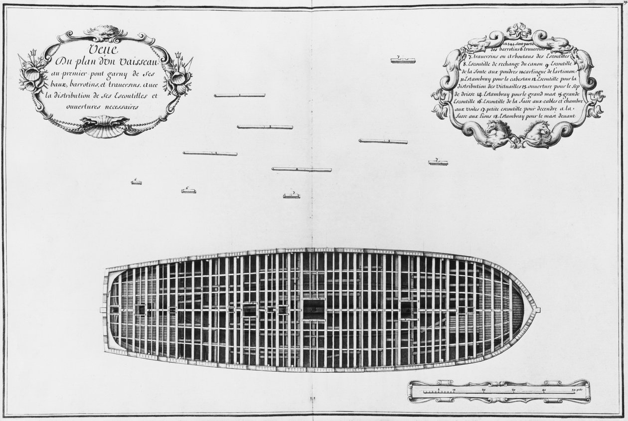 Plan pierwszego pokładu statku, ilustracja z „Atlas de Colbert”, tablica 19 (ołówek i wc na papierze) autorstwa French School