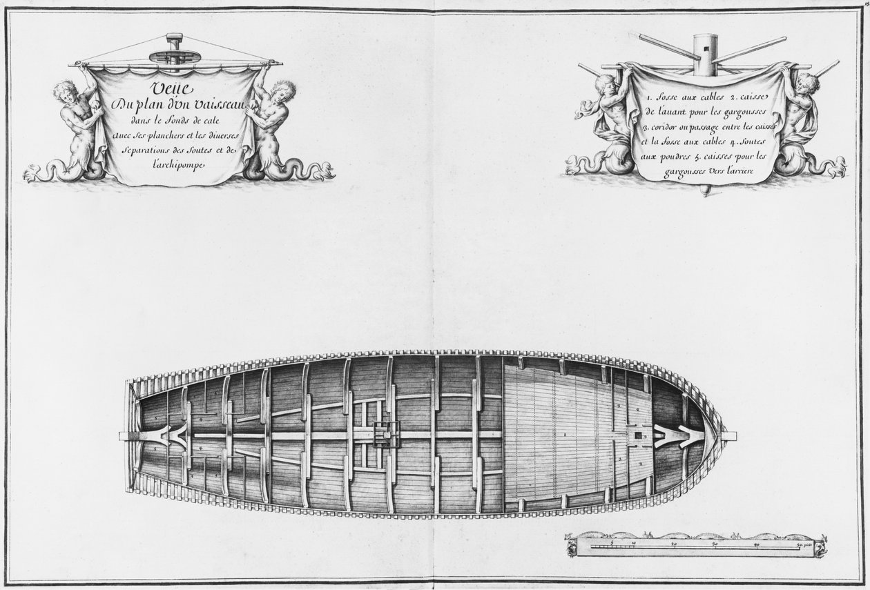 Plan ładowni statku, ilustracja z „Atlas de Colbert”, tablica15 (ołówek i wc na papierze) autorstwa French School