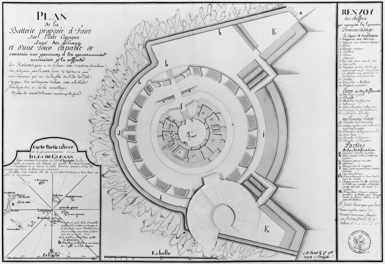 Plan projektu baterii na Ile Cigogne i mapa Wysp Glenan, 1745 (ołówek i wc na papierze) autorstwa French School