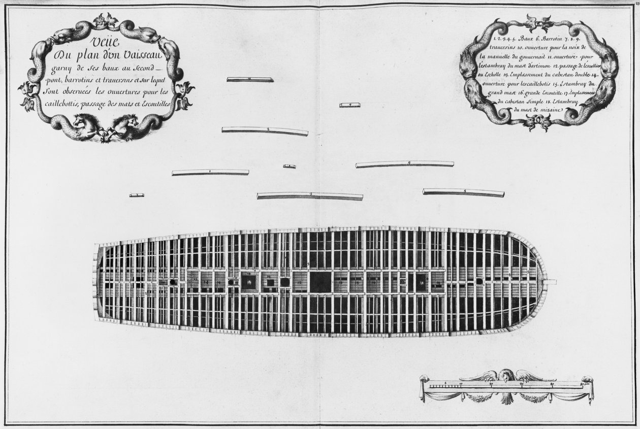 Plan drugiego pokładu statku, ilustracja z „Atlas de Colbert”, tablica 23 (ołówek i wc na papierze) autorstwa French School
