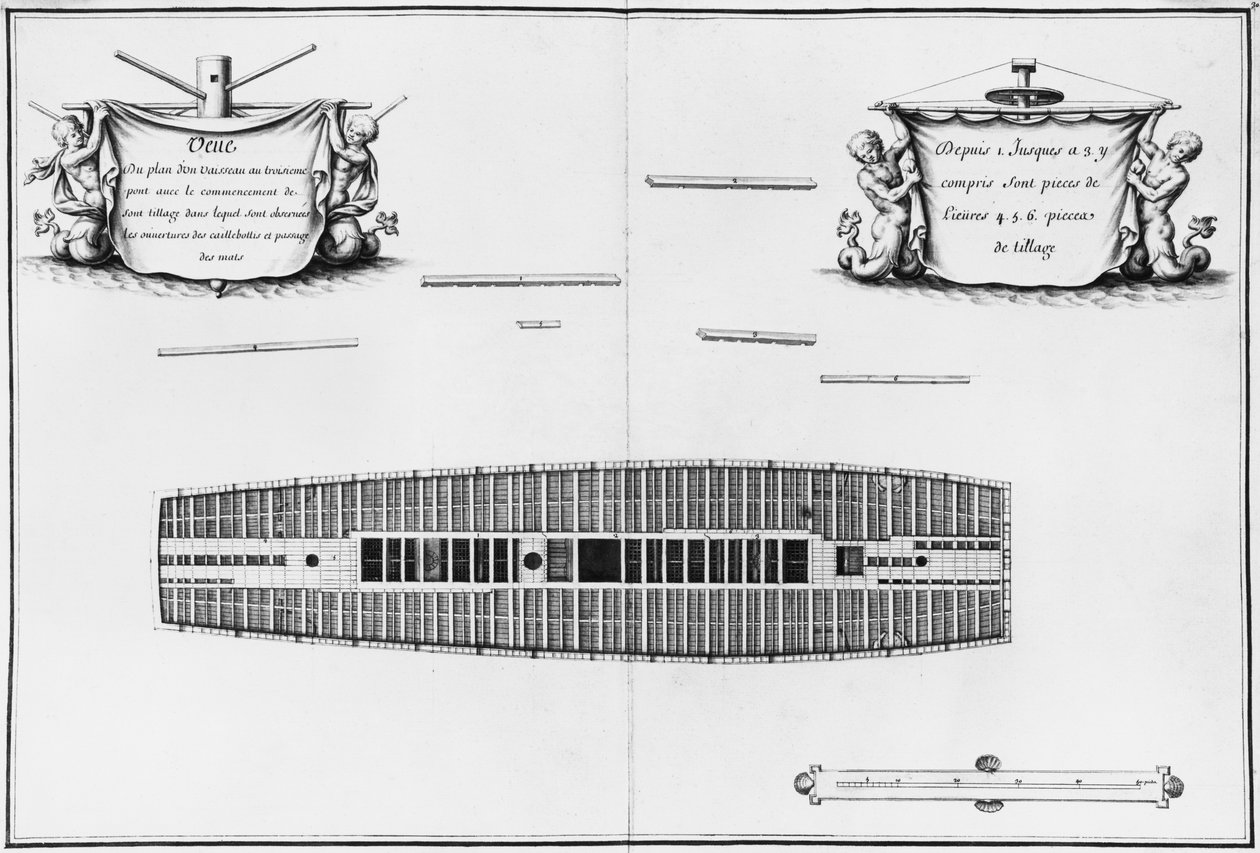 Plan trzeciego pokładu statku, ilustracja z „Atlas de Colbert”, tablica 30 (ołówek i wc na papierze) autorstwa French School