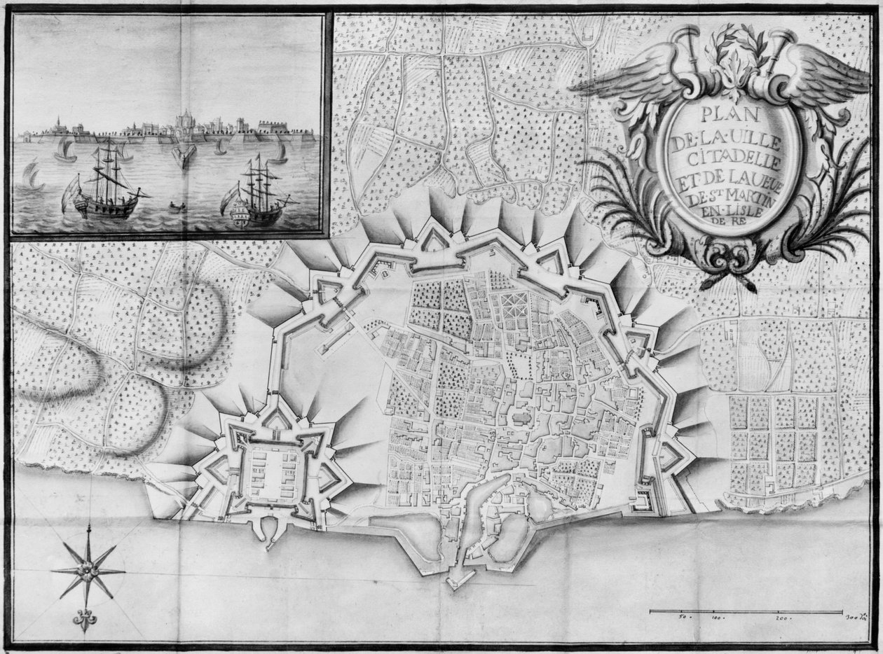 Plan miasta i cytadeli Saint-Martin-de-Re, Ile de Re (ołówek i wc na papierze) autorstwa French School