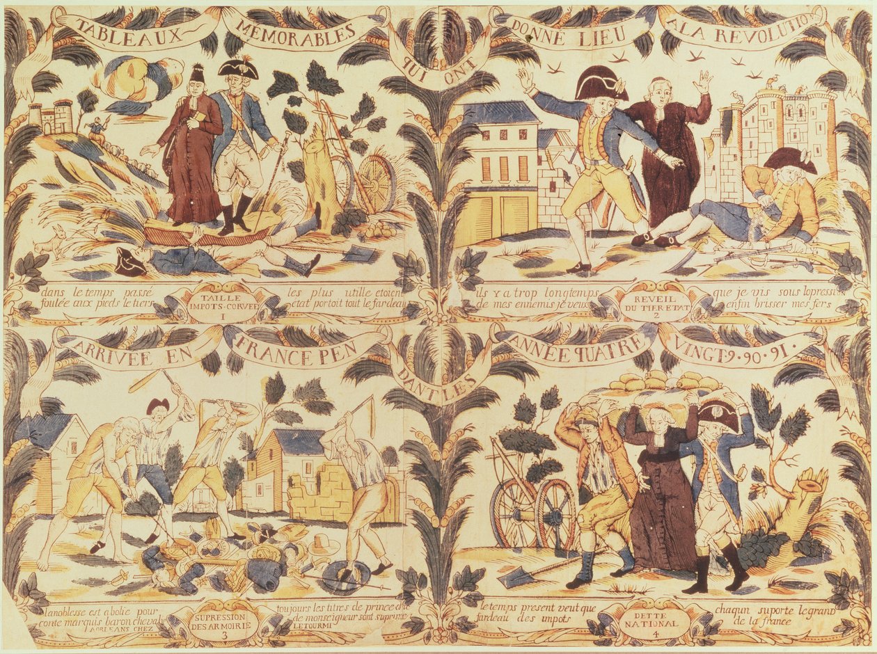 Popularne obrazy przedstawiające w rysunkach paskowych główne przyczyny rewolucji we Francji, ok. 1792 r autorstwa French School