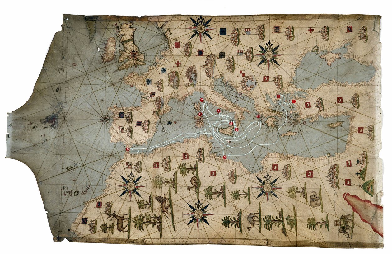 Mapa Portolan wybrzeża Morza Śródziemnego, przedstawiająca różne etapy Podróży Ulissesa, jak opowiedziana w Homers Odyssey, 1593 (pergamin) autorstwa French School