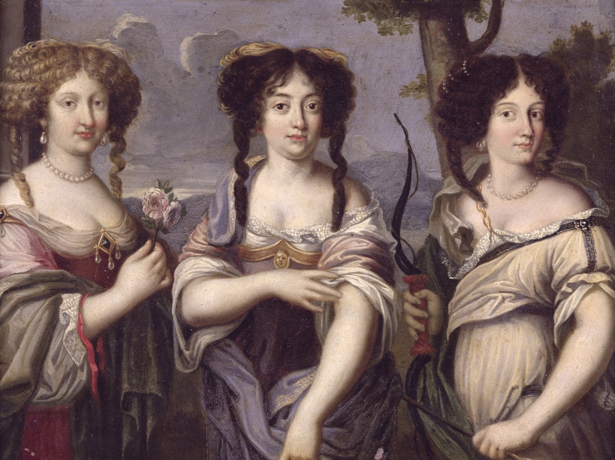 Portret trzech siostrzenic kardynała Mazarina przedstawionych jako boginie: Wenus, Junona i Diana (olej na miedzi) autorstwa French School