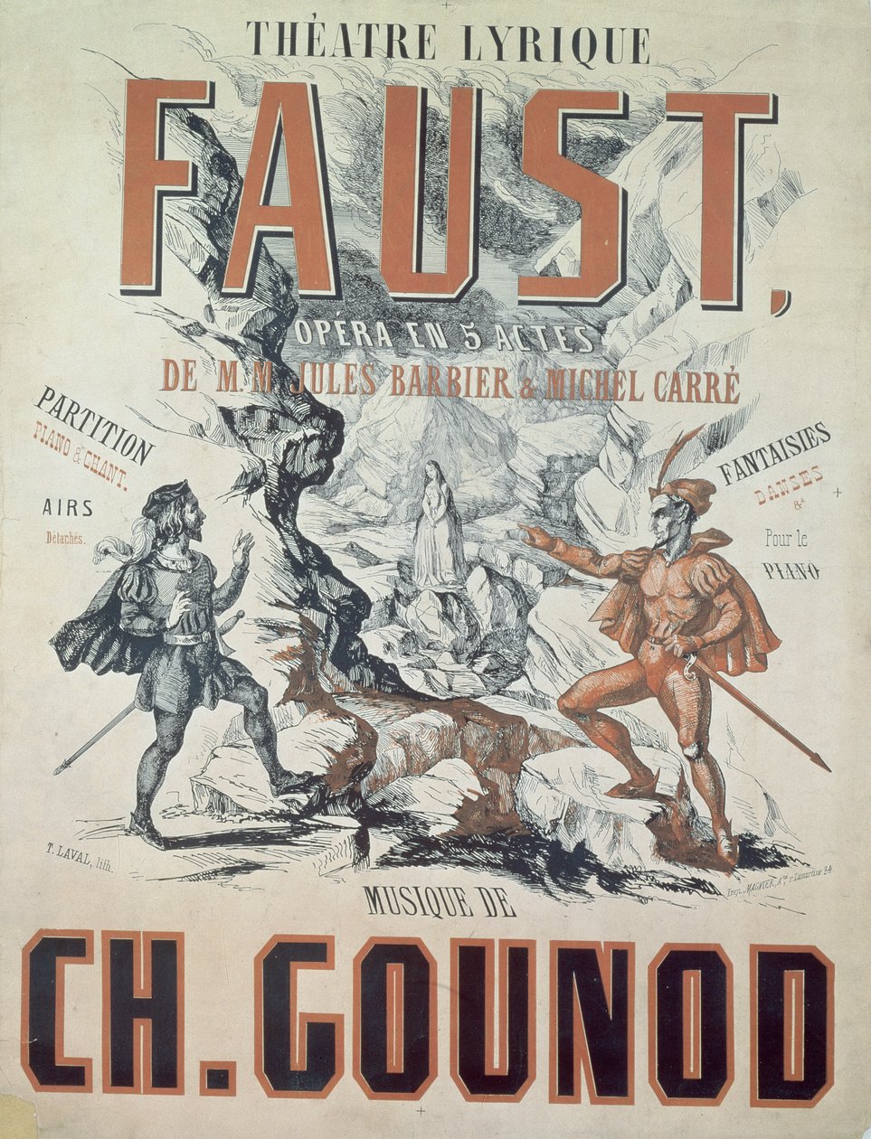 Plakat reklamujący „Faust”, opera Charlesa Gounoda (1818-93) 1875, sztychowany przez T. Lavala autorstwa French School