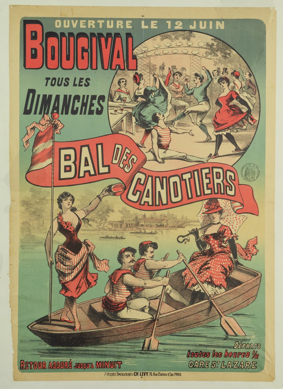 Plakat reklamujący „Le Bal des Canotiers” w Bougival, ok. 1875 r. autorstwa French School