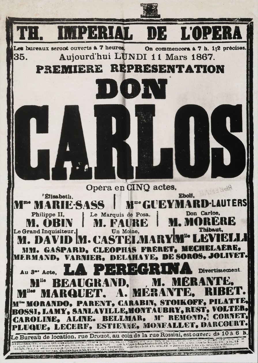 Plakat reklamujący pierwsze przedstawienie Don Carlosa w Theatre Imperial de lOpera, Paryż, 1867 autorstwa French School