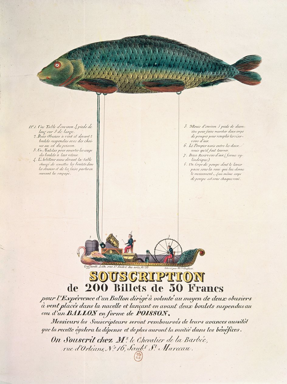 Plakat reklamujący prenumeratę balonu sterowca w kształcie ryby autorstwa French School