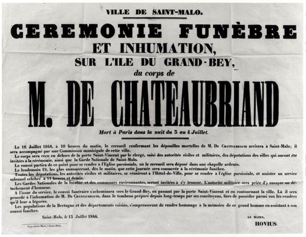 Plakat na pogrzeb Francois Rene de Chateaubriand (1768-1848) w St.Malo 18 lipca 1848 (druk) autorstwa French School