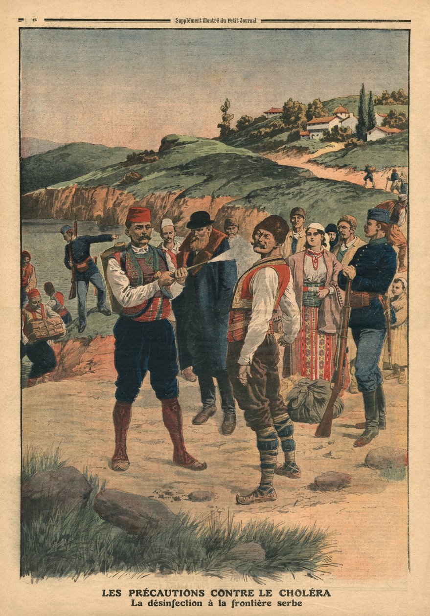 Środki ostrożności podjęte w celu zapobiegania cholerze, dezynfekcja na granicy serbskiej, ilustracja z „Le Petit Journal”, 1 stycznia 1911 autorstwa French School