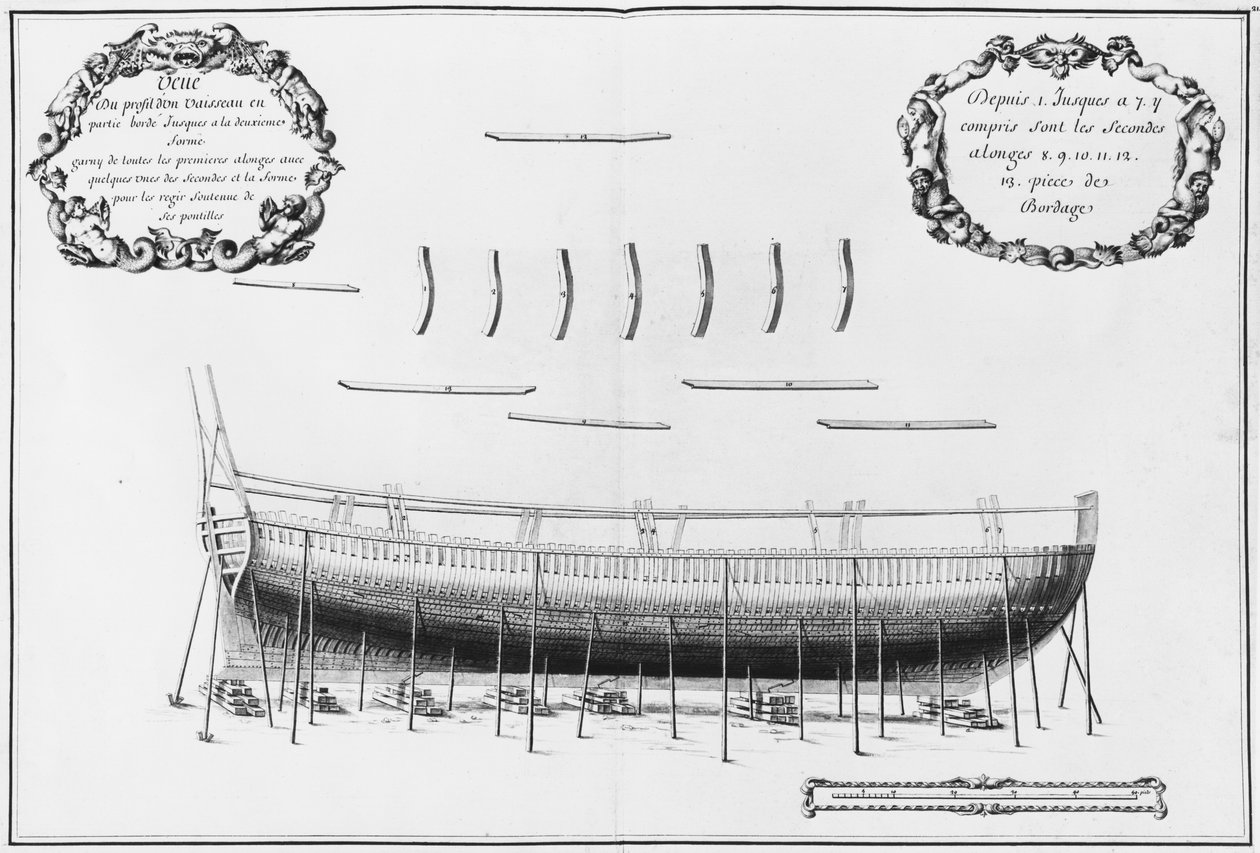 Iš dalies lentomis apkalto laivo profilis, iliustracija iš „Atlas de Colbert“, plate21 (pieštukas ir tualetas ant popieriaus) poli autorstwa French School