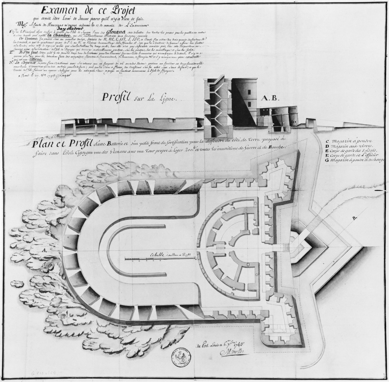 Projekt fortu na Ile Cigogne, Archipel des Glenan, 1745 (ołówek i wc na papierze) autorstwa French School