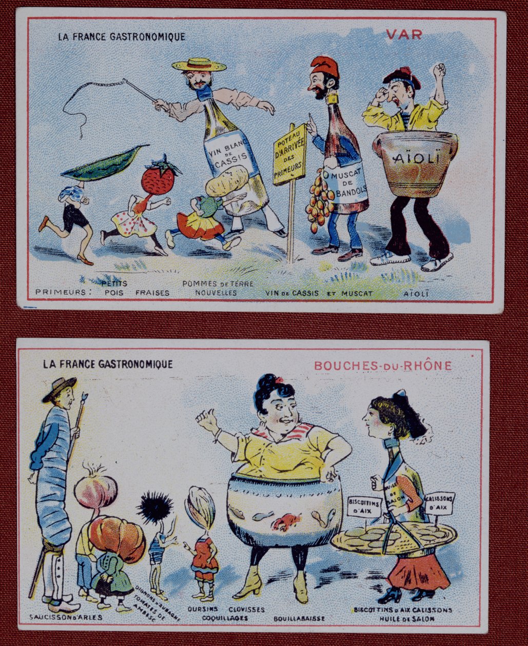 Karty promocyjne i edukacyjne dla dzieci przedstawiające specjalności kulinarne regionu Var i Bouches-du-Rhone, ok. 1910 r. autorstwa French School