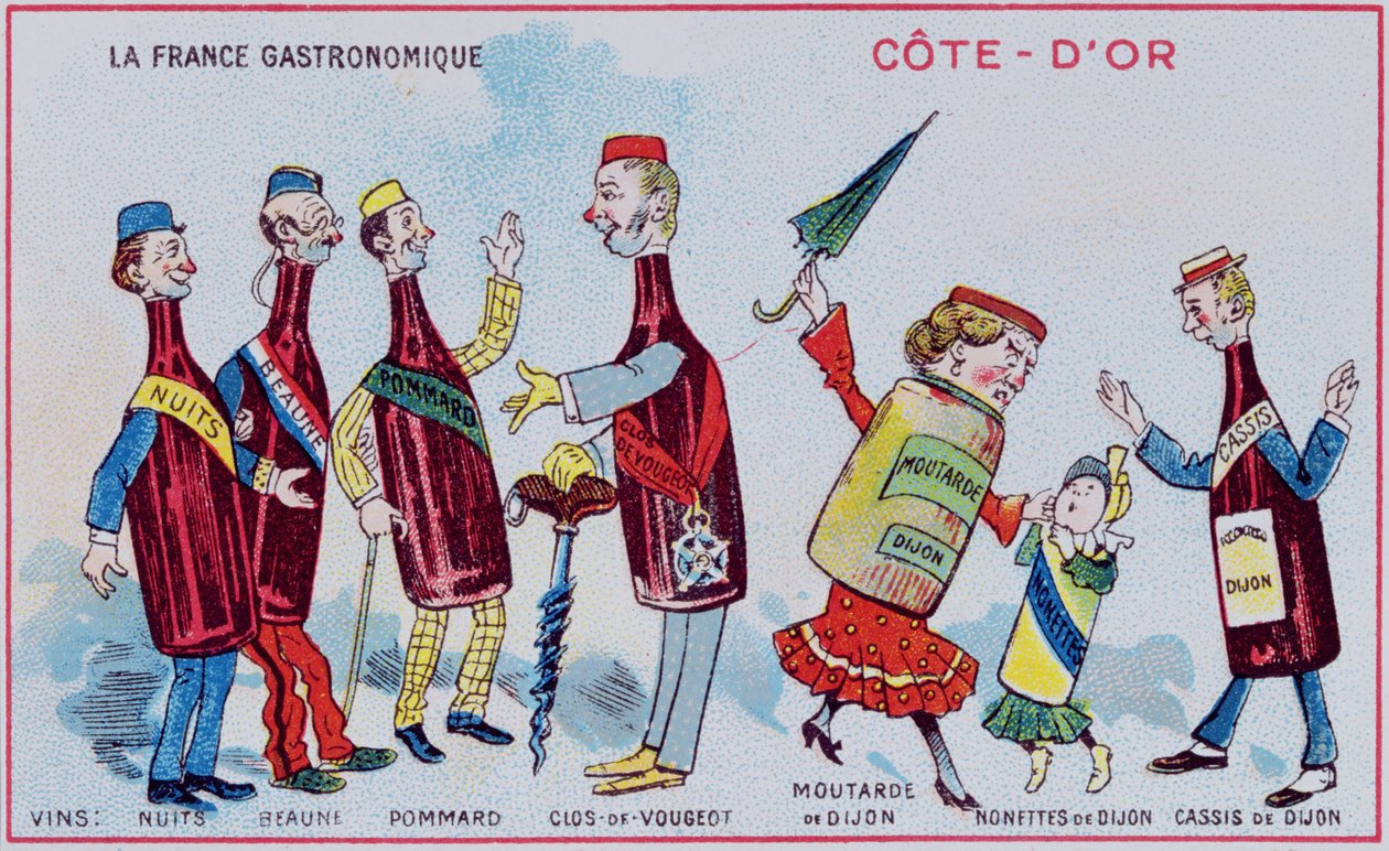Karta promocyjno-edukacyjna dla dzieci przedstawiająca specjały kulinarne regionu Cote-DOr, ok.1910 r. autorstwa French School