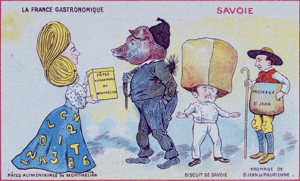 Karta promocyjno-edukacyjna dla dzieci przedstawiająca specjały kulinarne regionu sabaudzkiego, ok.1910 r. autorstwa French School