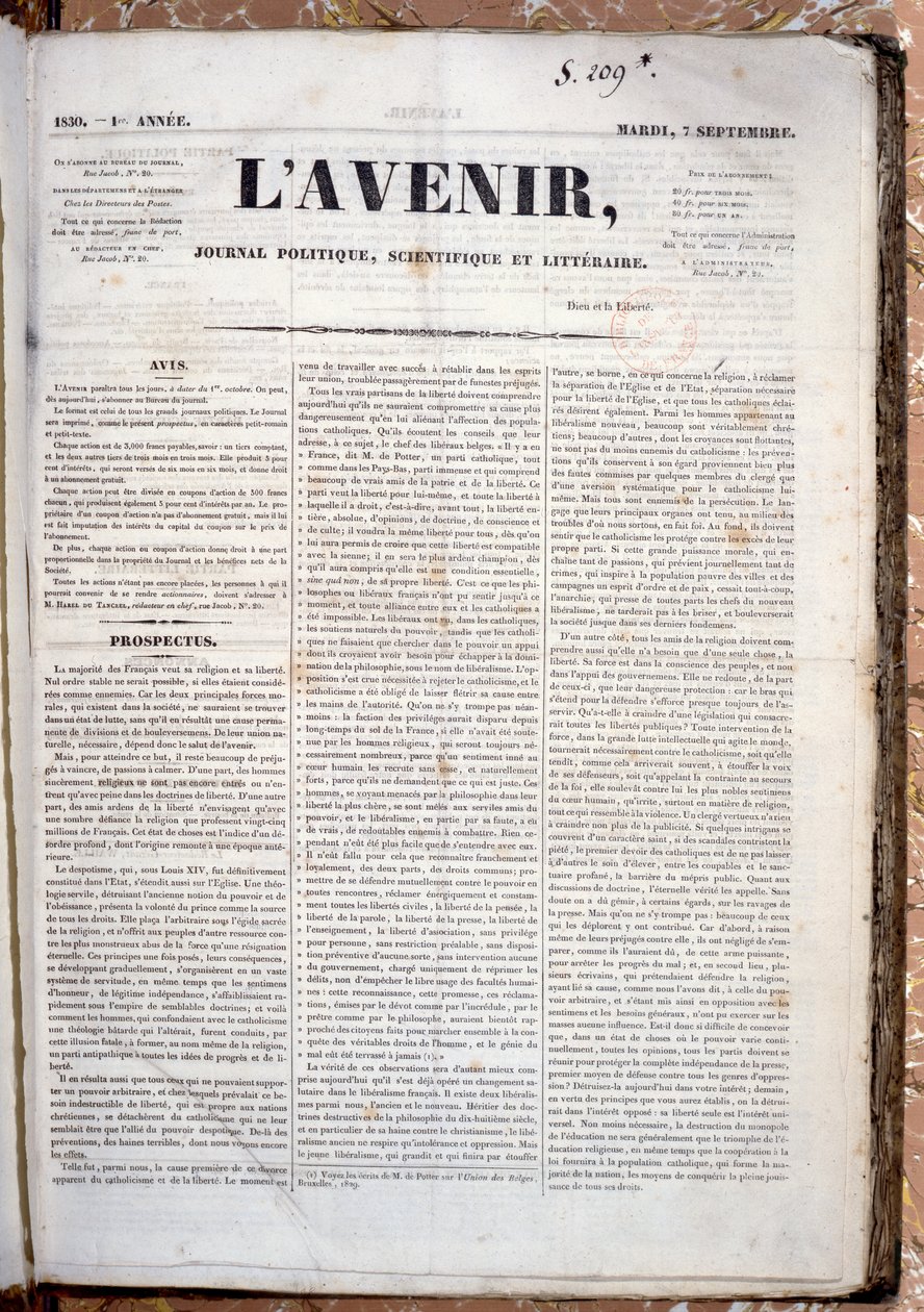 Prospekt reklamujący nadchodzącą publikację Journal LAvenir, 7.09.1830 (papier drukowany) autorstwa French School