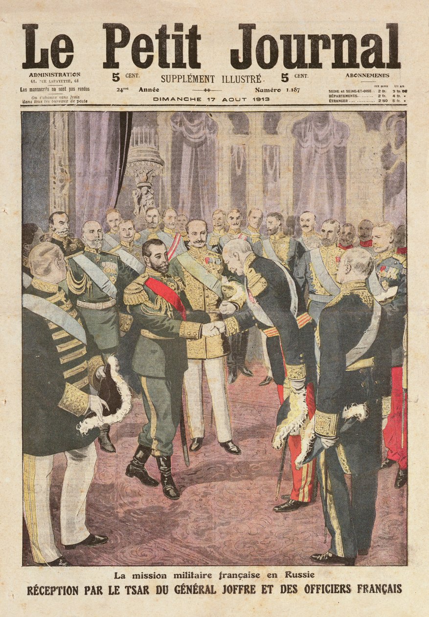 Przyjęcie generała Josepha Joffre (1852-1931) przez Mikołaja II (1894-1917) w pałacu Peterhof, z „Le Petit Journal”, 17 sierpnia 1913 autorstwa French School