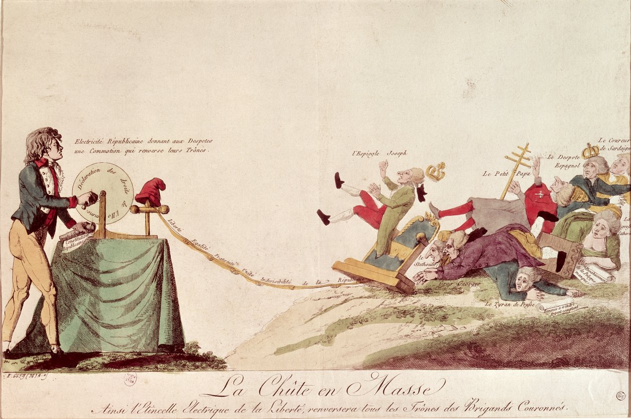 Rewolucyjny rysunek przedstawiający „Elektryczna iskra wolności, która obali trony wszystkich skorumpowanych monarchów”, 1793 autorstwa French School