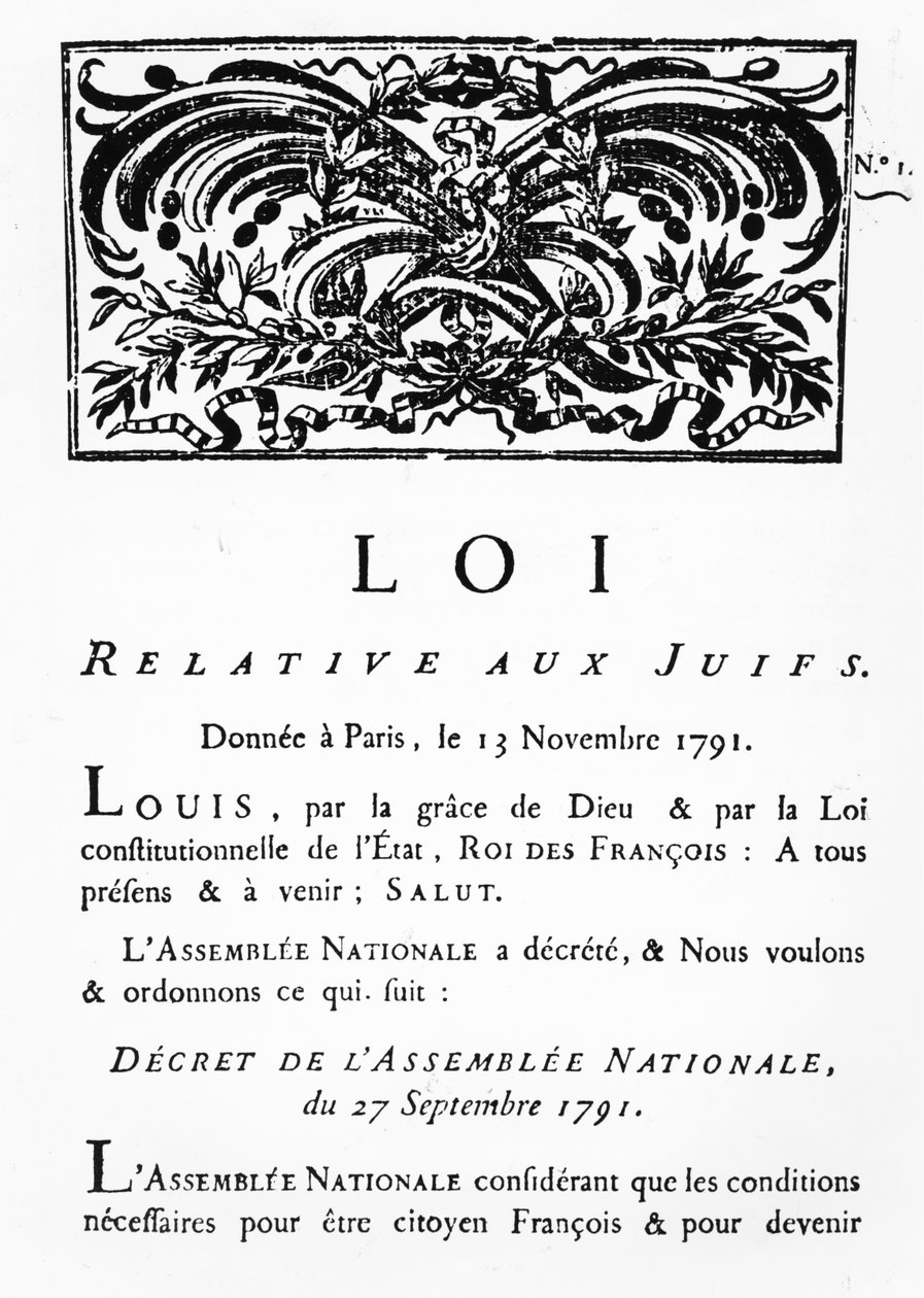 Dekret królewski o emancypacji wszystkich Żydów we Francji, dekretem Zgromadzenia Narodowego, 27 września 1791 (faksymile) (patrz także 695056) autorstwa French School